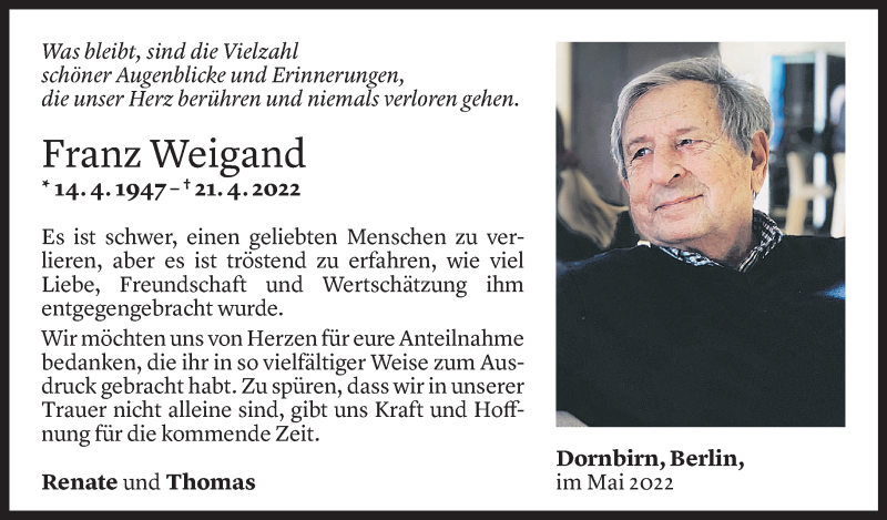  Todesanzeige für Franz Norbert Weigand vom 20.05.2022 aus Vorarlberger Nachrichten