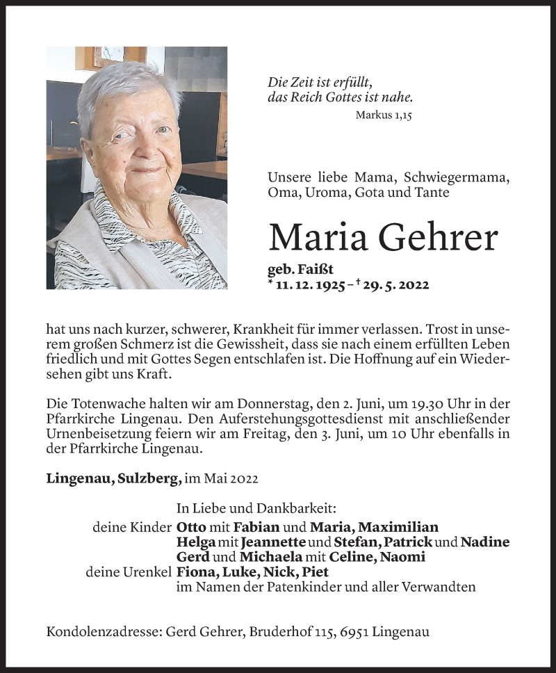  Todesanzeige für Maria Gehrer vom 31.05.2022 aus Vorarlberger Nachrichten