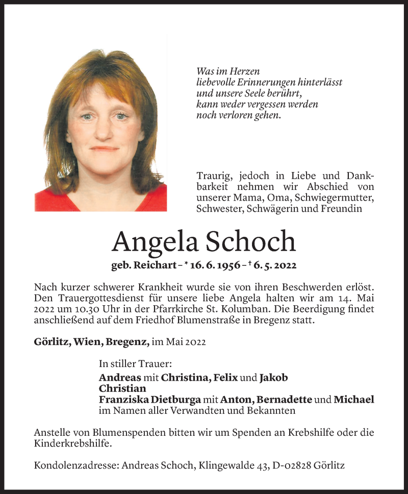  Todesanzeige für Angela Schoch vom 11.05.2022 aus Vorarlberger Nachrichten