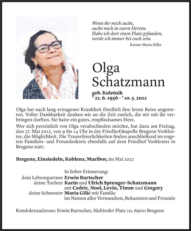  Todesanzeige für Olga Schatzmann vom 20.05.2022 aus Vorarlberger Nachrichten