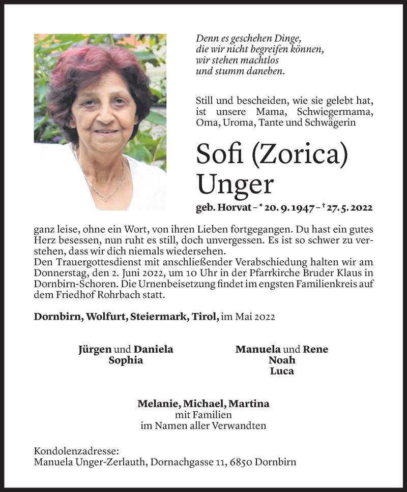  Todesanzeige für Zorica Unger vom 30.05.2022 aus Vorarlberger Nachrichten