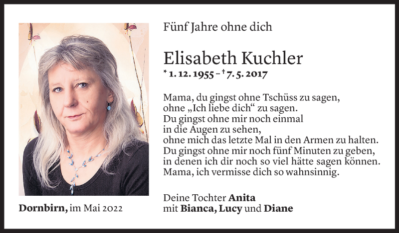  Todesanzeige für Elisabeth Kuchler vom 06.05.2022 aus Vorarlberger Nachrichten
