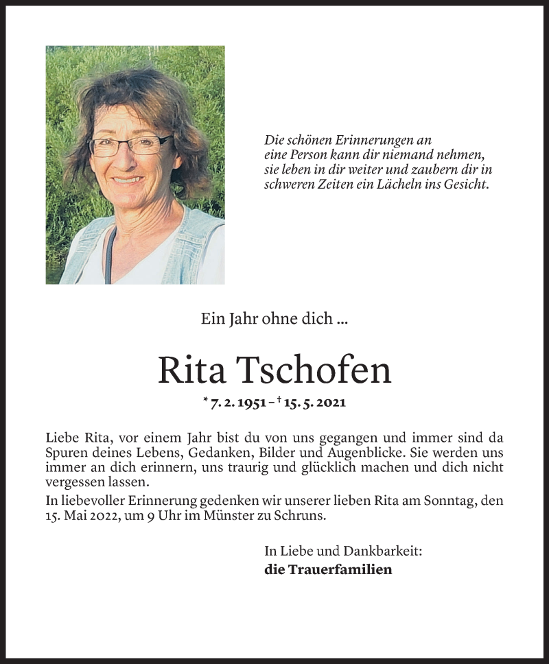  Todesanzeige für Rita Tschofen vom 13.05.2022 aus Vorarlberger Nachrichten