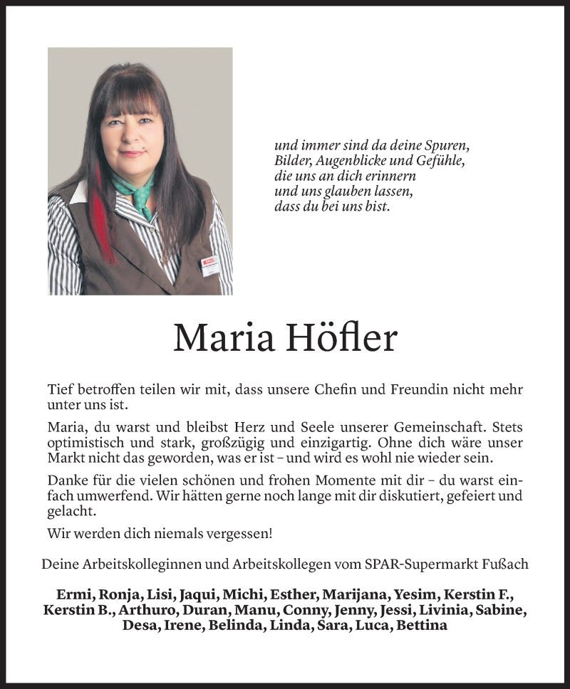  Todesanzeige für Maria Höfler vom 16.05.2022 aus Vorarlberger Nachrichten