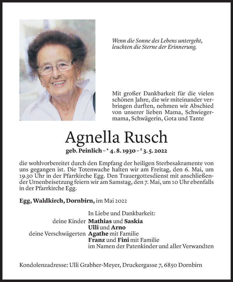  Todesanzeige für Agnella Rusch vom 04.05.2022 aus Vorarlberger Nachrichten