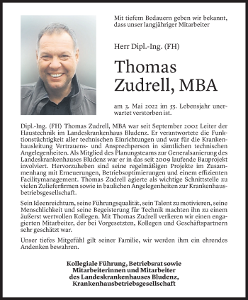 Todesanzeige von Thomas Zudrell von Vorarlberger Nachrichten