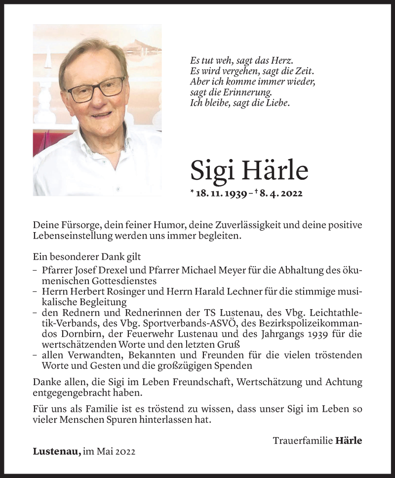  Todesanzeige für Sigi Härle vom 06.05.2022 aus Vorarlberger Nachrichten