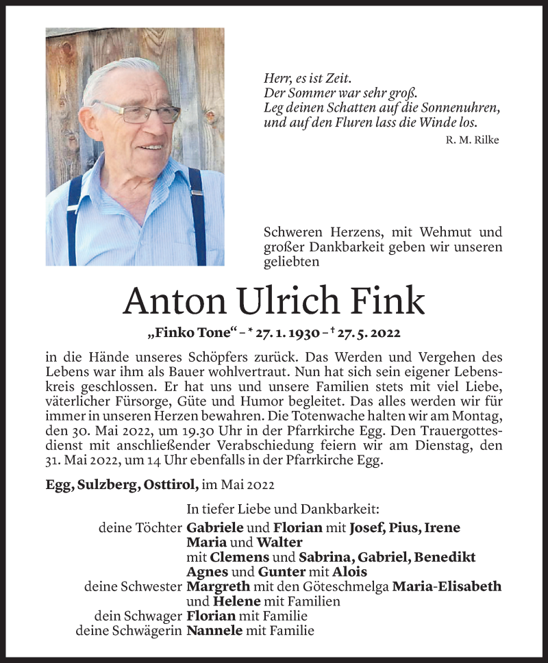  Todesanzeige für Anton Ulrich Fink vom 29.05.2022 aus vorarlberger nachrichten