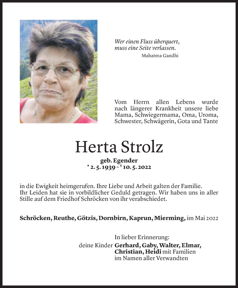  Todesanzeige für Herta Strolz vom 16.05.2022 aus Vorarlberger Nachrichten