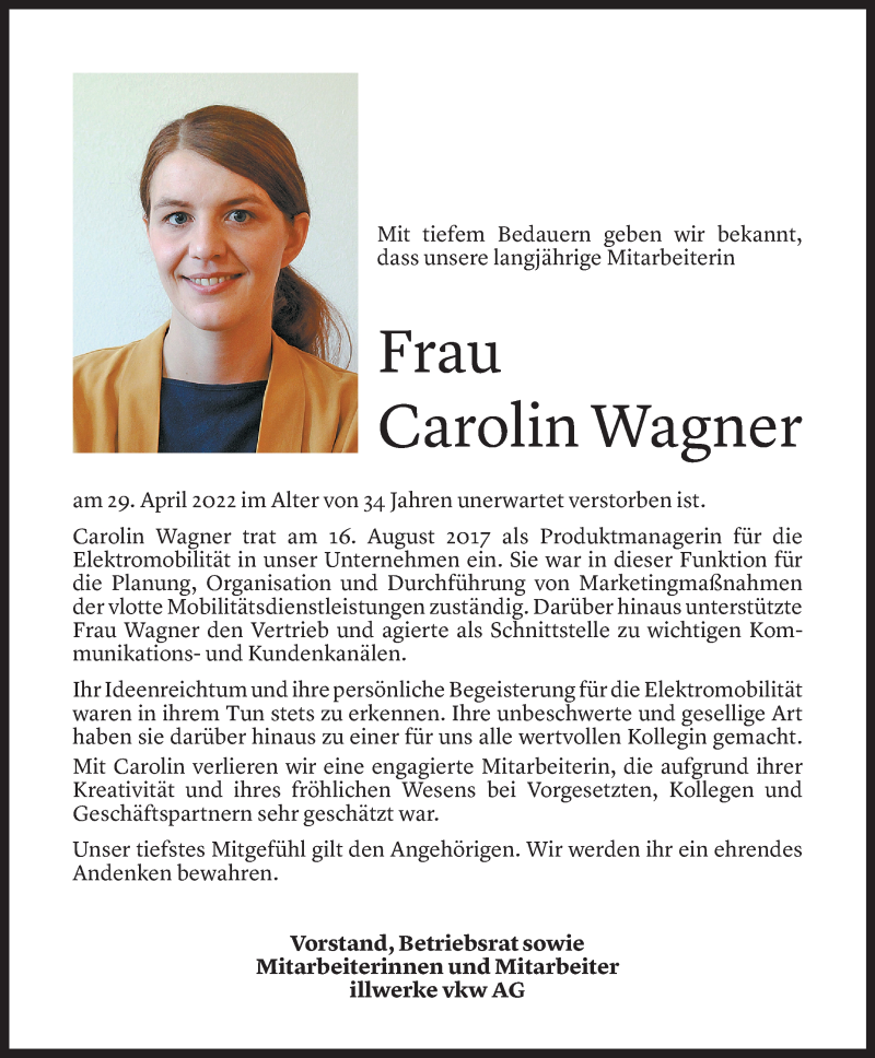  Todesanzeige für Carolin Wagner vom 04.05.2022 aus Vorarlberger Nachrichten