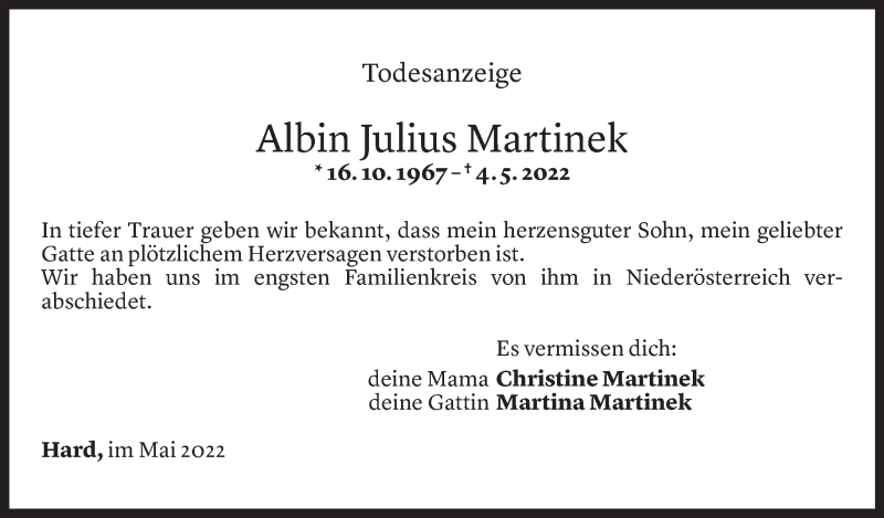  Todesanzeige für Albin Julius Martinek vom 13.05.2022 aus Vorarlberger Nachrichten