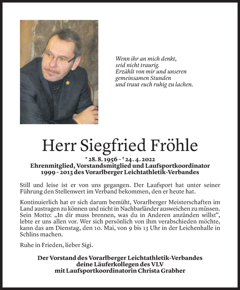  Todesanzeige für Siegfried Fröhle vom 08.05.2022 aus Vorarlberger Nachrichten