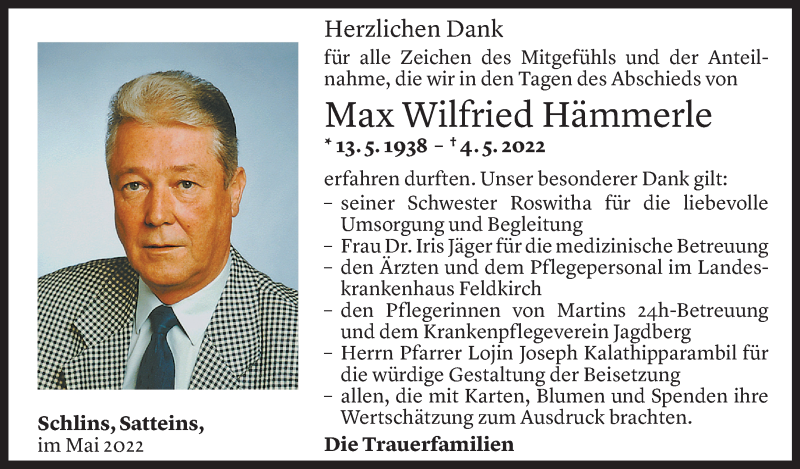  Todesanzeige für Max Wilfried Hämmerle vom 21.05.2022 aus Vorarlberger Nachrichten