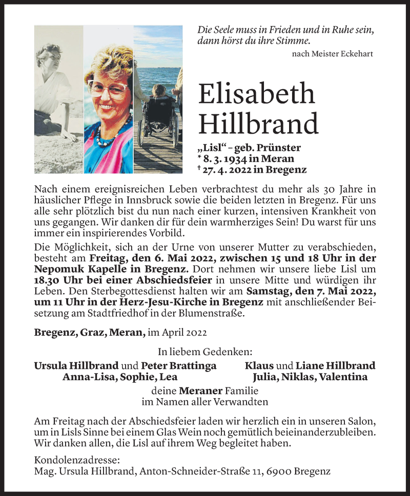 Todesanzeige für Elisabeth Hillbrand vom 03.05.2022 aus Vorarlberger Nachrichten