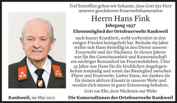 Todesanzeige von Hans Fink von Vorarlberger Nachrichten