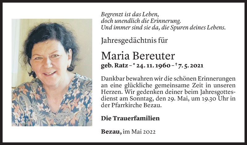  Todesanzeige für Maria Bereuter vom 06.05.2022 aus Vorarlberger Nachrichten