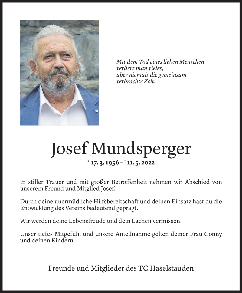  Todesanzeige für Josef Mundsperger vom 13.05.2022 aus Vorarlberger Nachrichten