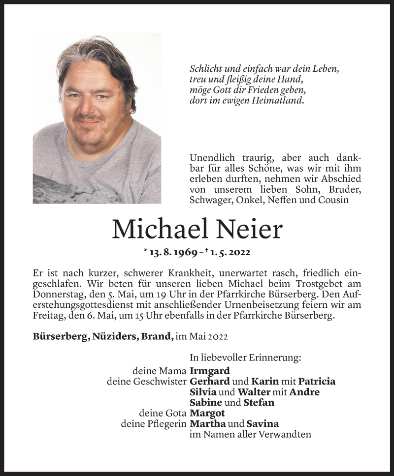  Todesanzeige für Michael Neier vom 04.05.2022 aus Vorarlberger Nachrichten