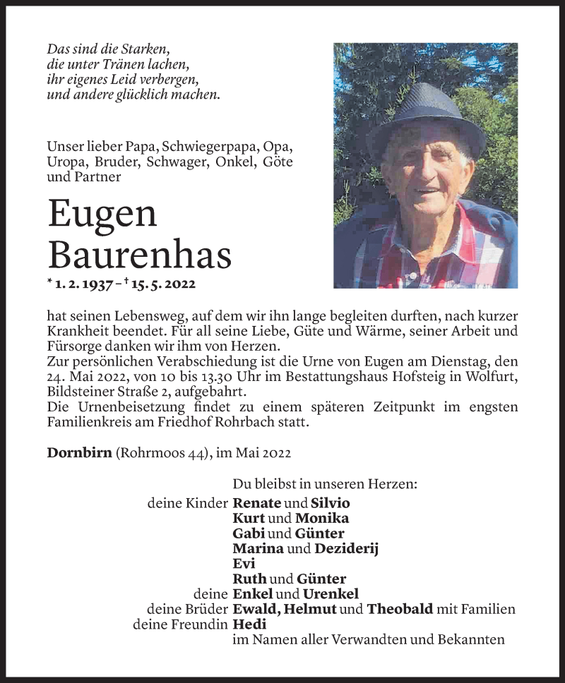  Todesanzeige für Eugen Baurenhas vom 21.05.2022 aus Vorarlberger Nachrichten