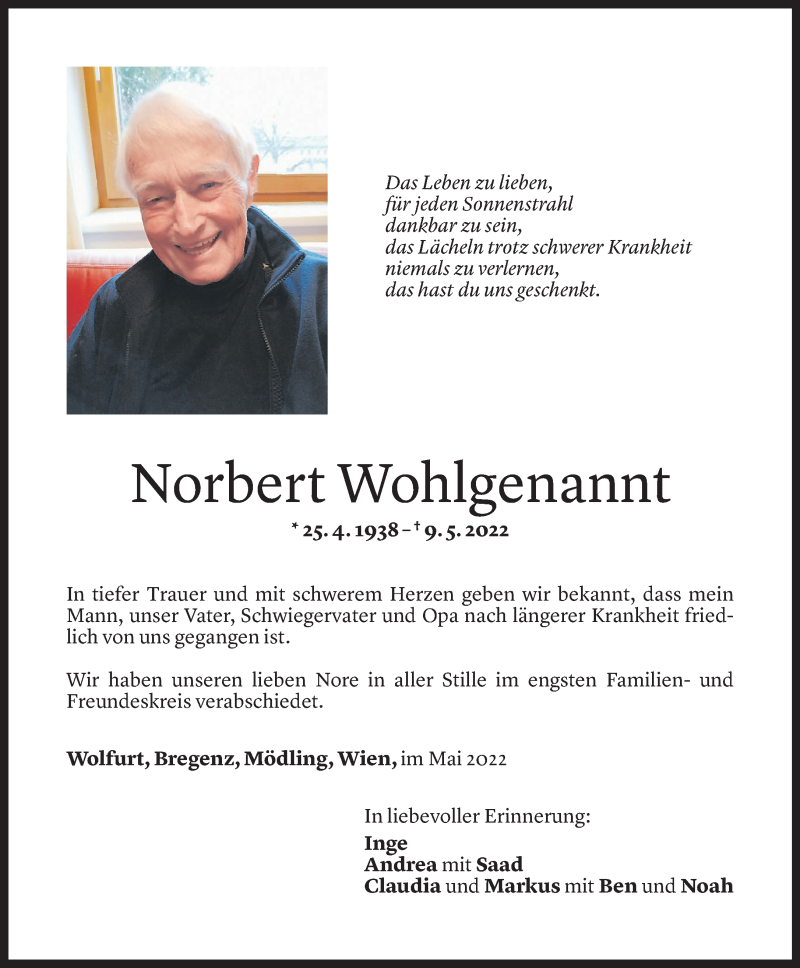  Todesanzeige für Norbert Wohlgenannt vom 21.05.2022 aus Vorarlberger Nachrichten