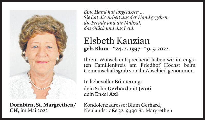  Todesanzeige für Elsbeth Kanzian vom 13.05.2022 aus Vorarlberger Nachrichten