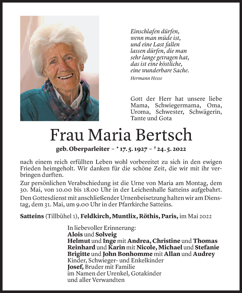  Todesanzeige für Maria Bertsch vom 28.05.2022 aus Vorarlberger Nachrichten