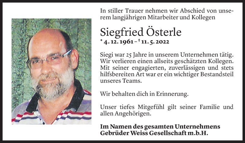  Todesanzeige für Siegfried Österle vom 13.05.2022 aus Vorarlberger Nachrichten
