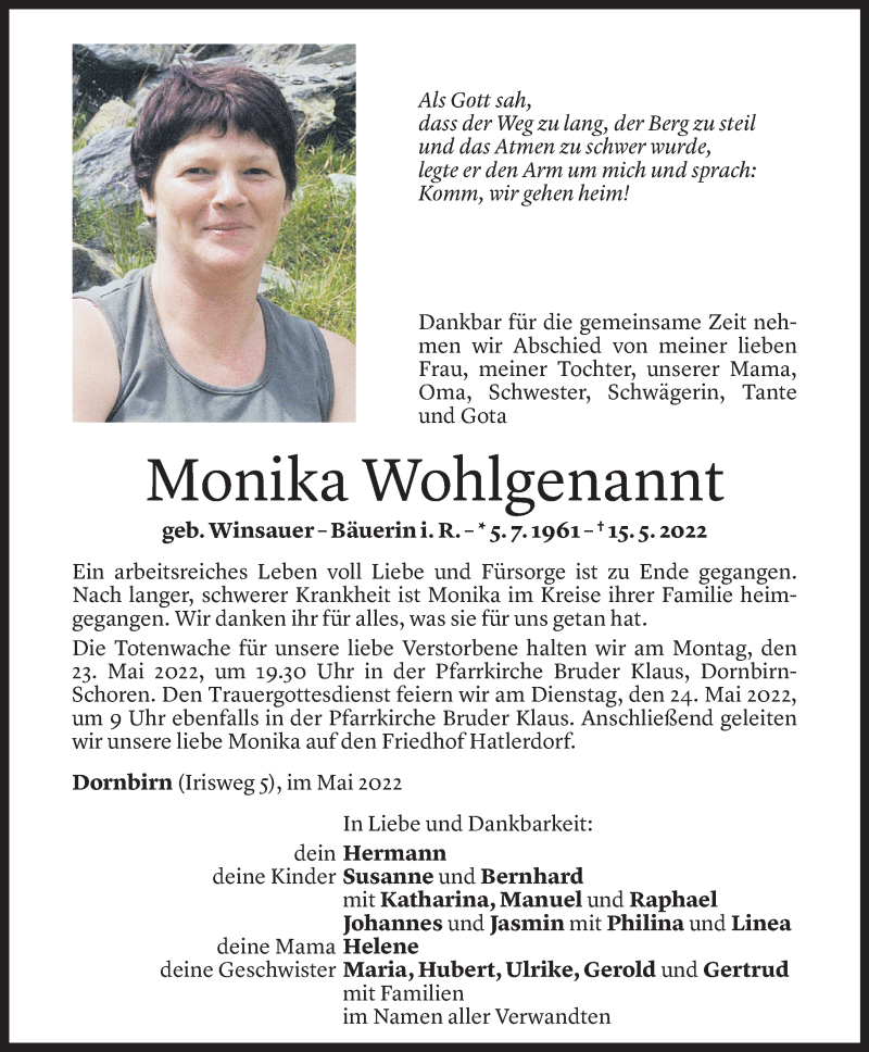  Todesanzeige für Monika Wohlgenannt vom 19.05.2022 aus Vorarlberger Nachrichten