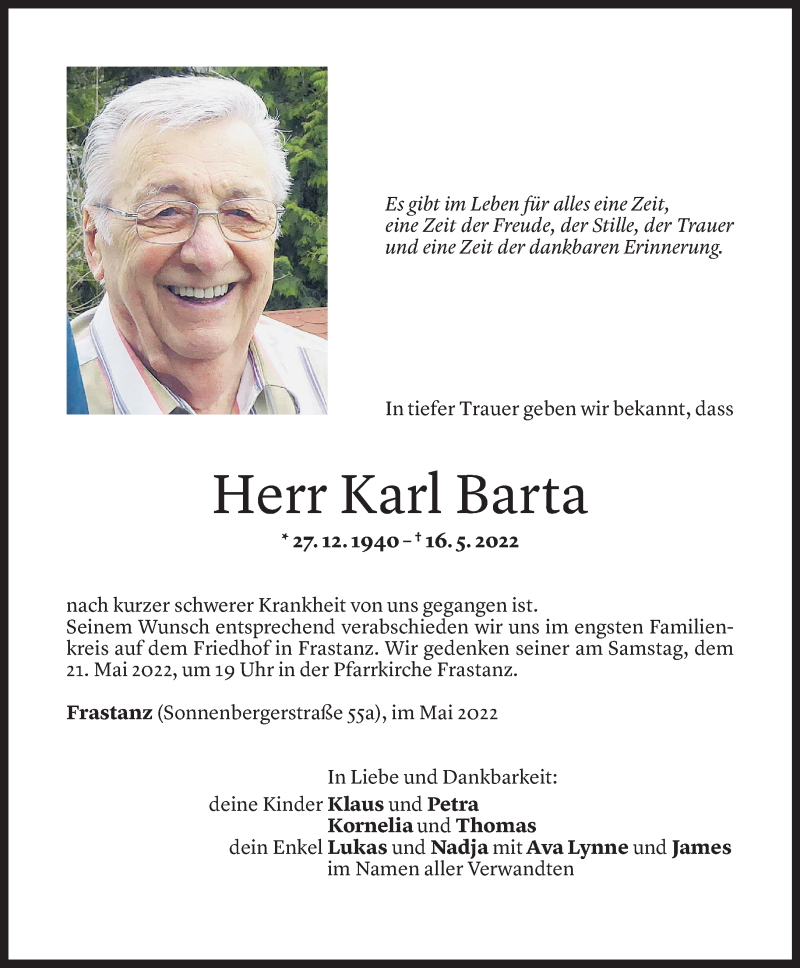  Todesanzeige für Karl Barta vom 19.05.2022 aus Vorarlberger Nachrichten