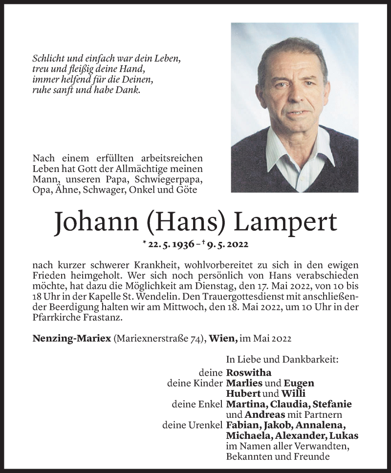  Todesanzeige für Johann Lampert vom 13.05.2022 aus Vorarlberger Nachrichten