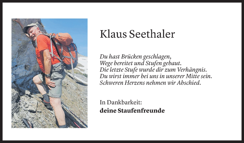  Todesanzeige für Klaus Seethaler vom 20.05.2022 aus Vorarlberger Nachrichten