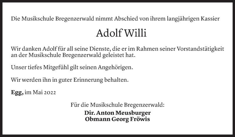  Todesanzeige für Adolf Willi vom 08.05.2022 aus Vorarlberger Nachrichten