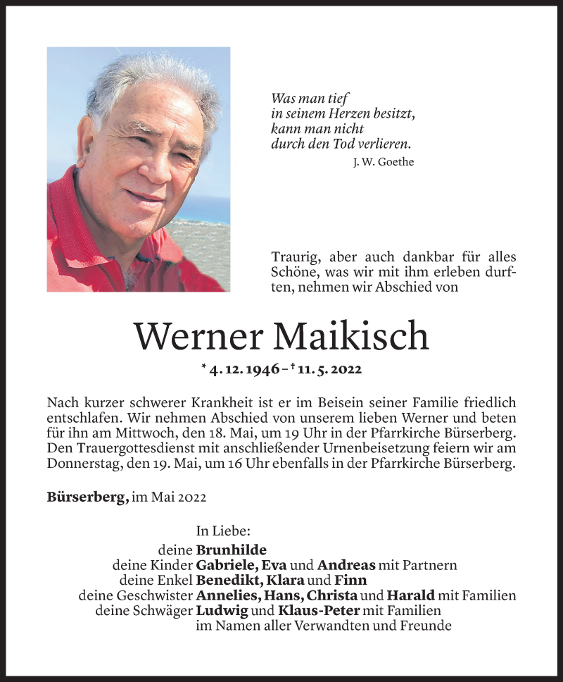  Todesanzeige für Werner Maikisch vom 16.05.2022 aus Vorarlberger Nachrichten