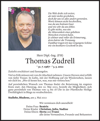 Todesanzeige von Thomas Zudrell von vorarlberger nachrichten