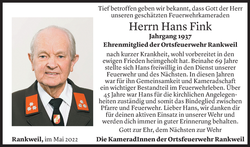  Todesanzeige für Hans Fink vom 18.05.2022 aus Vorarlberger Nachrichten