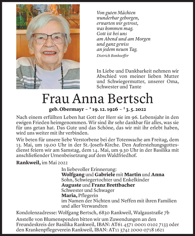  Todesanzeige für Anna Bertsch vom 11.05.2022 aus Vorarlberger Nachrichten