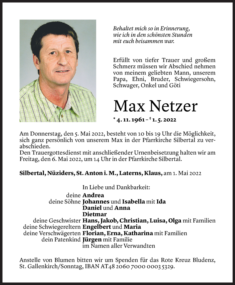  Todesanzeige für Max Netzer vom 02.05.2022 aus Vorarlberger Nachrichten