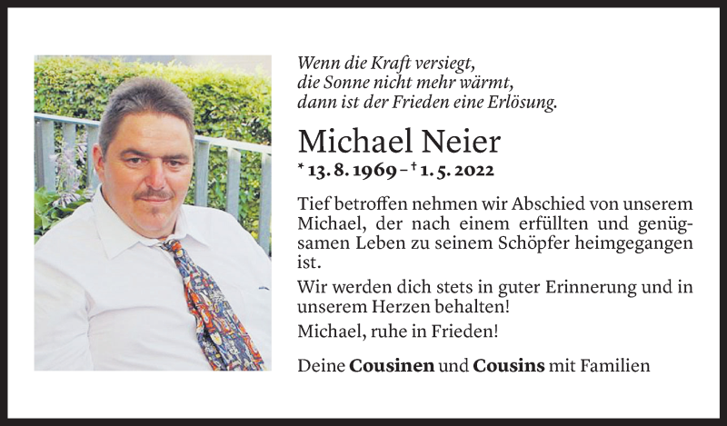 Todesanzeige für Michael Neier vom 04.05.2022 aus Vorarlberger Nachrichten
