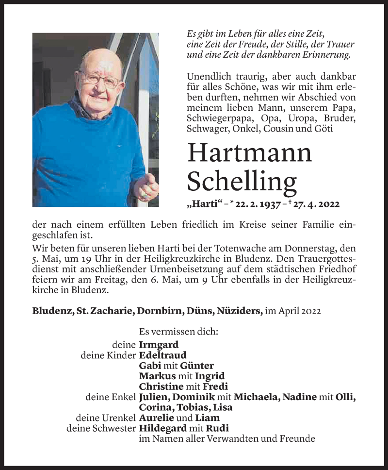  Todesanzeige für Hartmann Schelling vom 03.05.2022 aus Vorarlberger Nachrichten