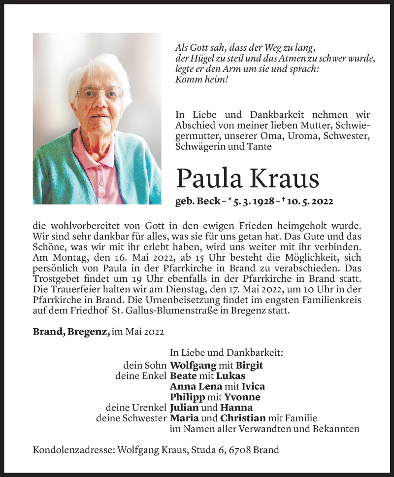  Todesanzeige für Paula Kraus vom 14.05.2022 aus Vorarlberger Nachrichten