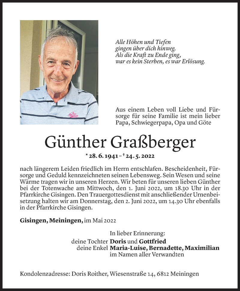  Todesanzeige für Günther Graßberger vom 27.05.2022 aus Vorarlberger Nachrichten