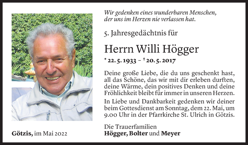  Todesanzeige für Willi Högger vom 20.05.2022 aus Vorarlberger Nachrichten