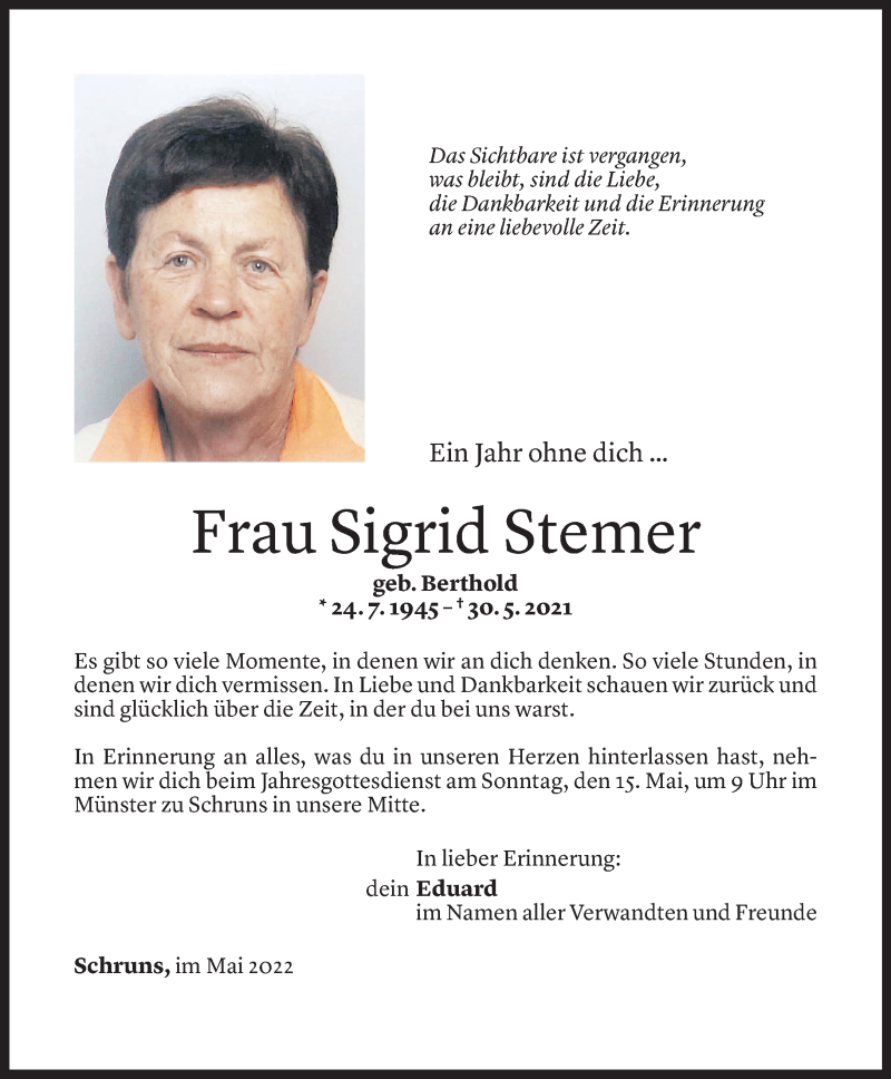  Todesanzeige für Sigrid Stemer vom 12.05.2022 aus Vorarlberger Nachrichten