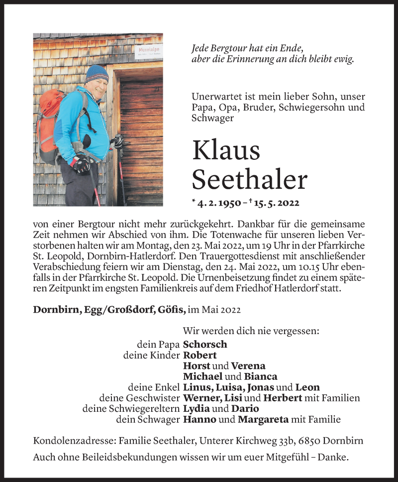  Todesanzeige für Klaus Seethaler vom 21.05.2022 aus Vorarlberger Nachrichten