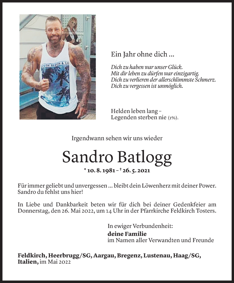  Todesanzeige für Sandro Batlogg vom 24.05.2022 aus Vorarlberger Nachrichten
