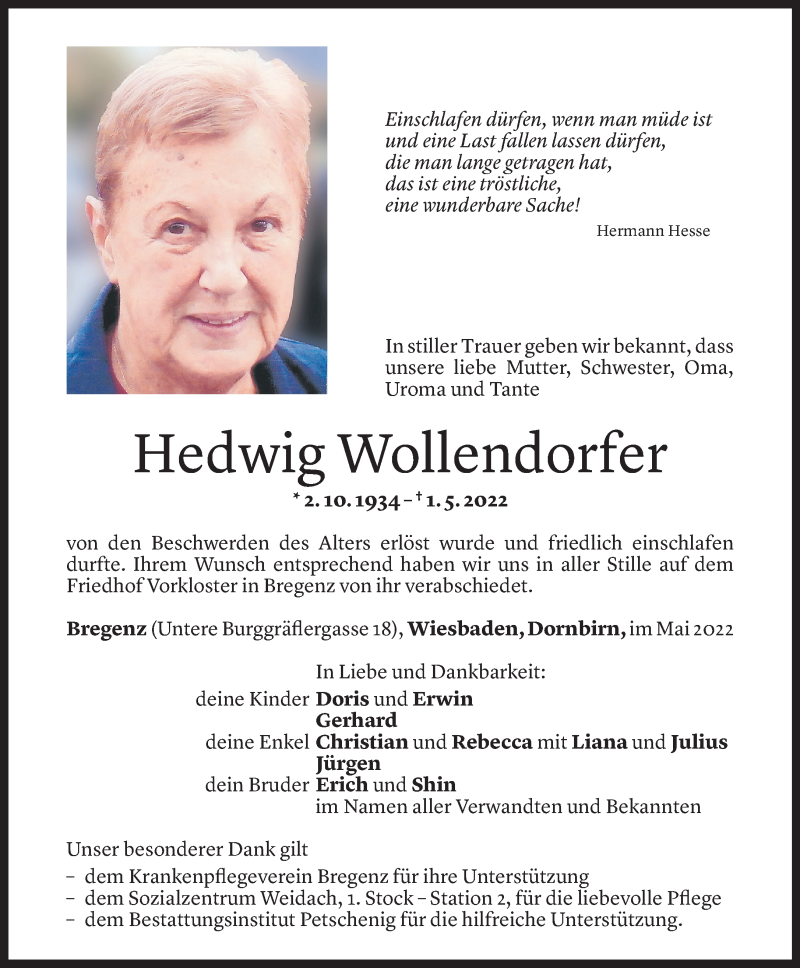  Todesanzeige für Hedwig Wollendorfer vom 07.05.2022 aus Vorarlberger Nachrichten