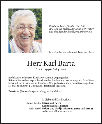 Todesanzeige von Karl Barta von Vorarlberger Nachrichten