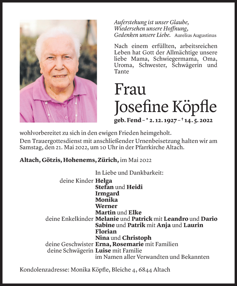  Todesanzeige für Josefine Köpfle vom 17.05.2022 aus Vorarlberger Nachrichten