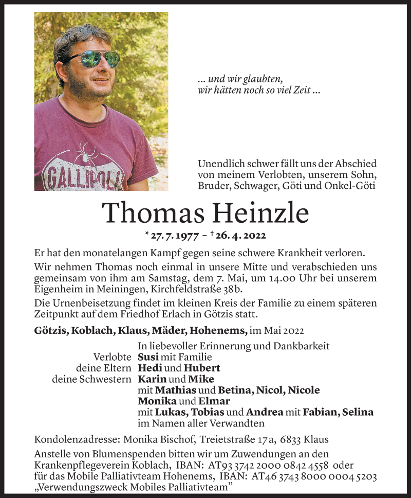  Todesanzeige für Thomas Heinzle vom 04.05.2022 aus Vorarlberger Nachrichten