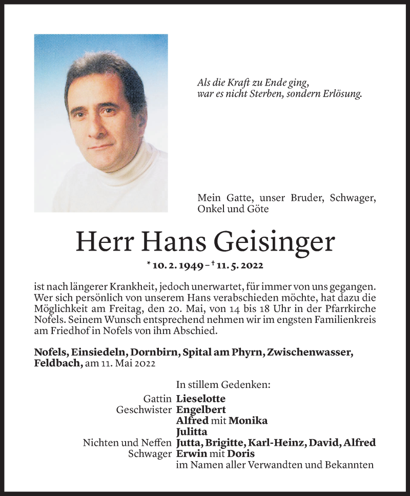  Todesanzeige für Hans Geisinger vom 18.05.2022 aus Vorarlberger Nachrichten